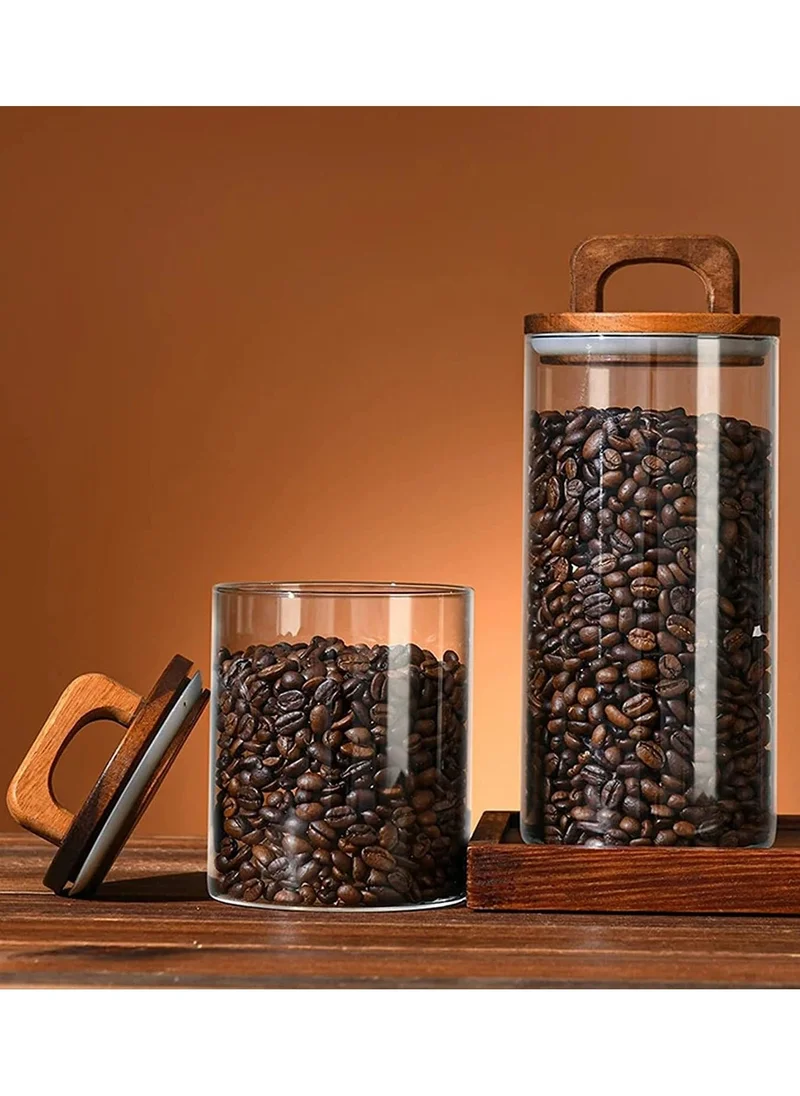 1Chase Borosilicate Glass Food Storage Jar With Acacia Wood Air Tight Lid, Handmade Glass Canister For Kitchen Pantry Organizer, For Storing Pasta, Nuts, Coffee, Snacks, Set Of 3 (1000 ML)