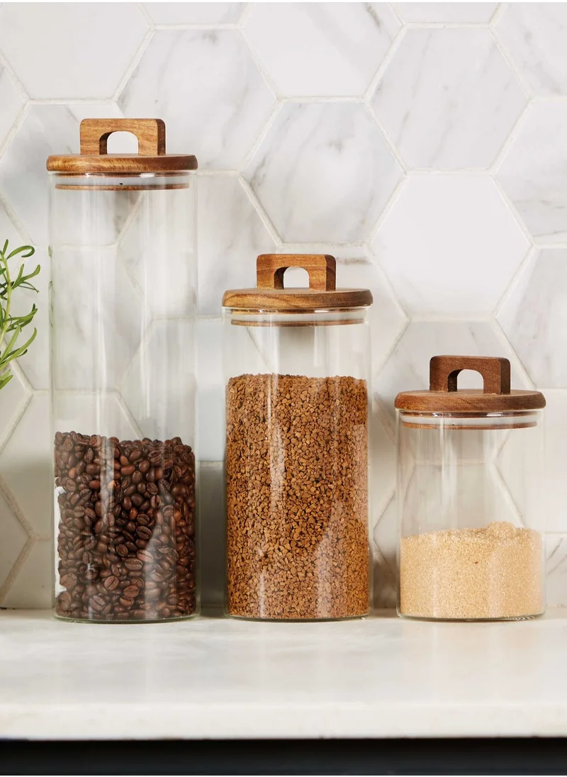 1Chase Borosilicate Glass Food Storage Jar With Acacia Wood Air Tight Lid, Handmade Glass Canister For Kitchen Pantry Organizer, For Storing Pasta, Nuts, Coffee, Snacks, Set Of 3 (1000 ML)
