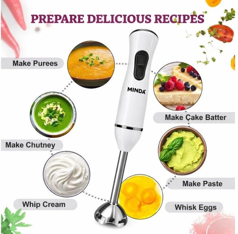 Minda Hand Blender 600W – Stainless Steel Blade – One-Touch Control – Lightweight & Compact Design – Ideal for Smoothies, Soups, Sauces – 1 Piece – White - Image 2