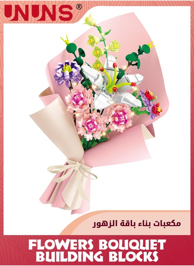 UNUNS Flower Bouquet Building Blocks Kits,Pink Dianthus Lily Creative Toys Sets For 6+ Kids,Creativity Artificial Flower With Lights,Birthday Aniversary Gifts For Girls Adult Home Decor,514 Pieces  - Image 1