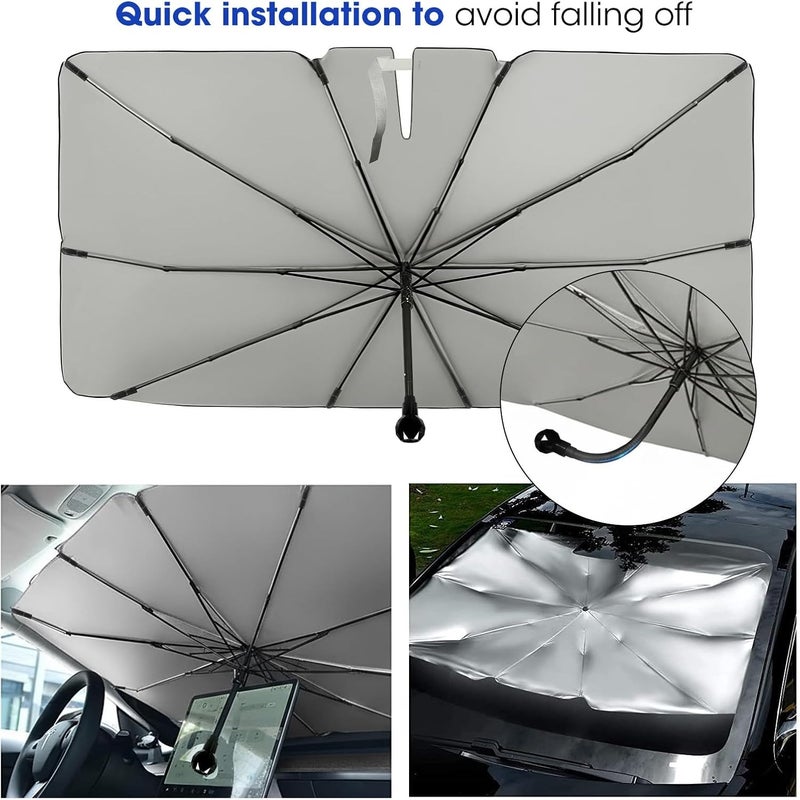 MQUPIN 145x79cm Windshield Sun Shade, 10-Rib Titanium Silver UV Heat Block Car Sunshade with Ergonomic Handle & Storage Holster, Foldable Interior Protection Sun Shield for Sedan SUV Truck Van - Image 3