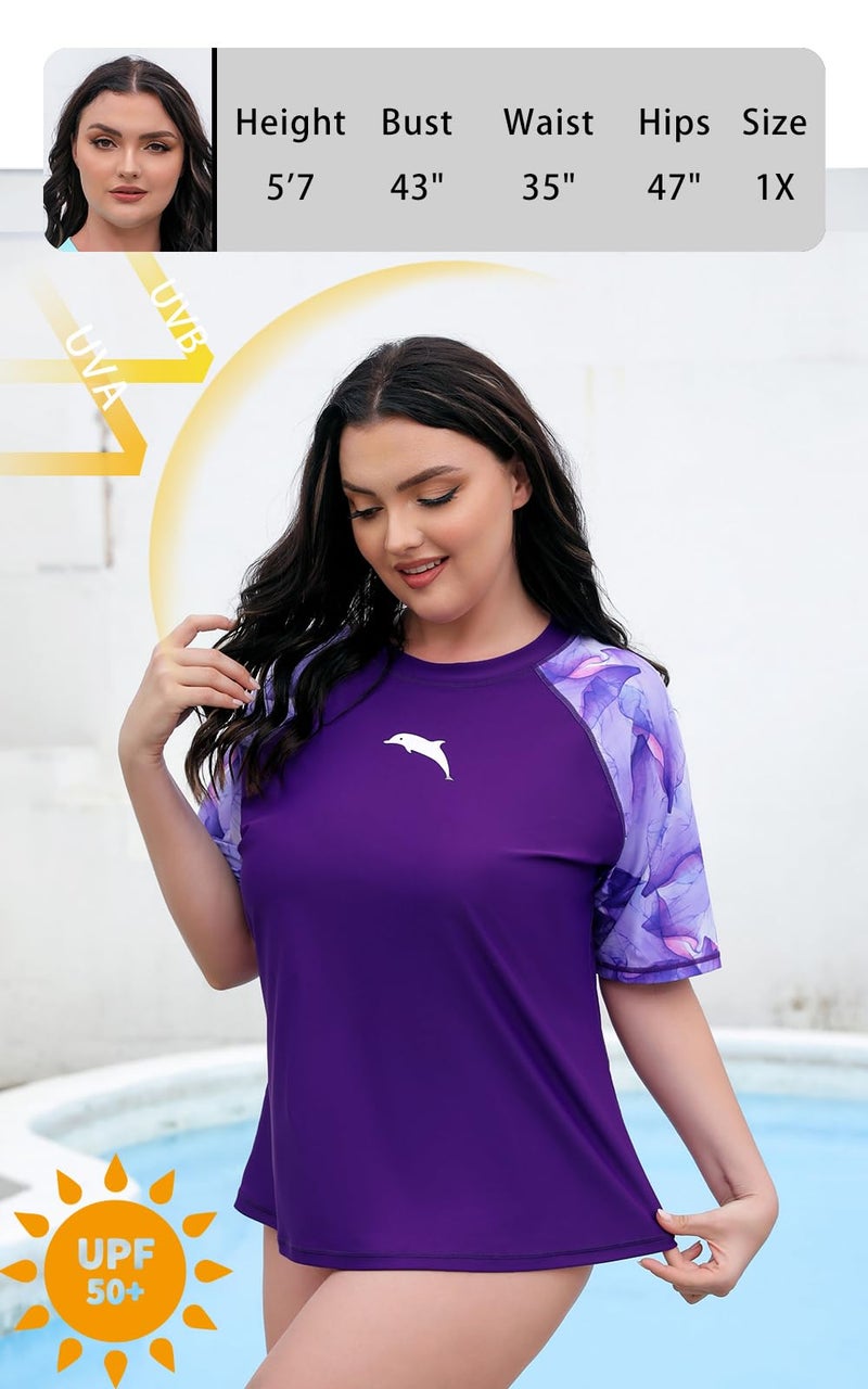 Halcurt Women's Plus Size Short Sleeve Rash Guard Swim Shirts Top Only Loose Fit Swim Tee UPF50+ Swimsuit Purple Floral 4X - Image 2