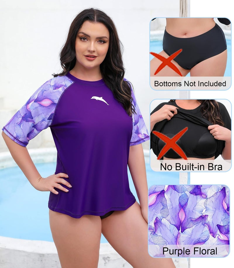 Halcurt Women's Plus Size Short Sleeve Rash Guard Swim Shirts Top Only Loose Fit Swim Tee UPF50+ Swimsuit Purple Floral 4X - Image 3
