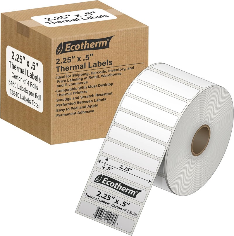 Ecotherm 2.25" x .5" Thermal Labels | 4 Rolls | 13840 Labels | fits Zebra, Munbyn, Rollo, Godex, Arkscan, iDPRT, Offnova Thermal Label Printers and More | Blank White Adhesive Stickers by - Image 1