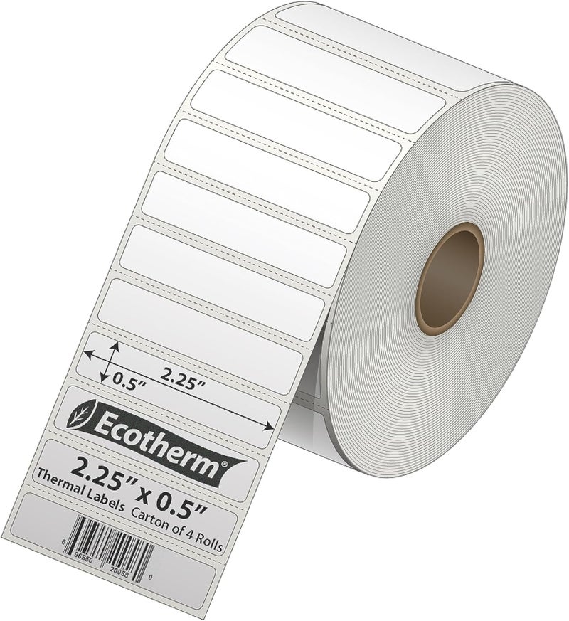 Ecotherm 2.25" x .5" Thermal Labels | 4 Rolls | 13840 Labels | fits Zebra, Munbyn, Rollo, Godex, Arkscan, iDPRT, Offnova Thermal Label Printers and More | Blank White Adhesive Stickers by - Image 2