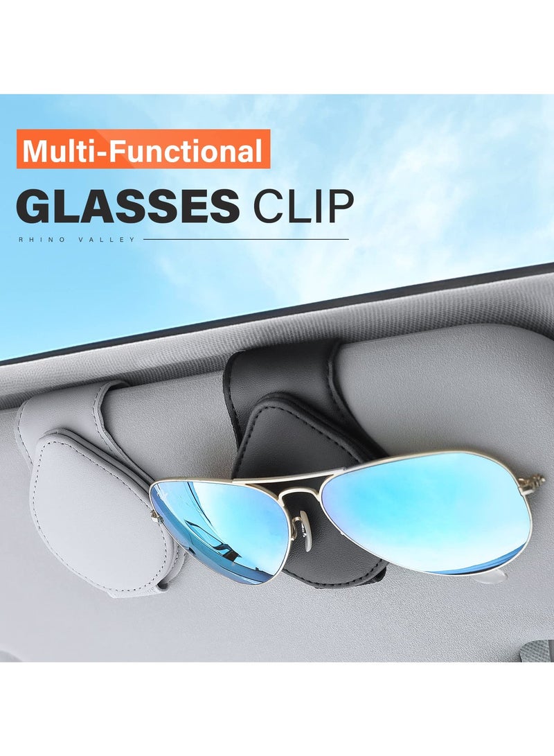 Car Sun Visor Sunglasses Clip Organizer, 2 Pack Leather Eyeglasses Mount with Card Holder, Sleek Black & Gray Vehicle Accessories