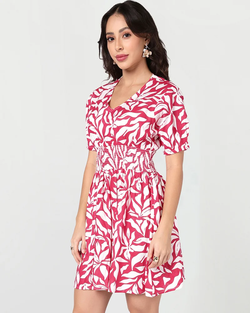 بيواكوف Women's White & Pink All Over Printed Flared Mini Dress