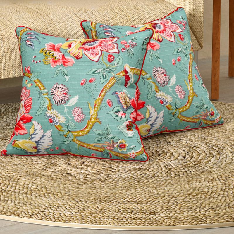 EasyGoods 240 TC Pure Cotton Cushion Covers Set of 2 16x16 Inch Jaipuri Anokhi Floral Prints Premium Sofa and Bedroom Decor Accessories Aqua Green - Image 1