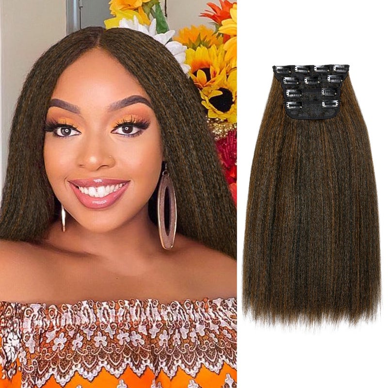 HANNE Kinky Straight Clip ins Hair Extensions Brown Hair 4 PcsLot Full Head Yaki Straight Seamless Clip in Synthetic Hair Pieces for Women M30 14 Inch
