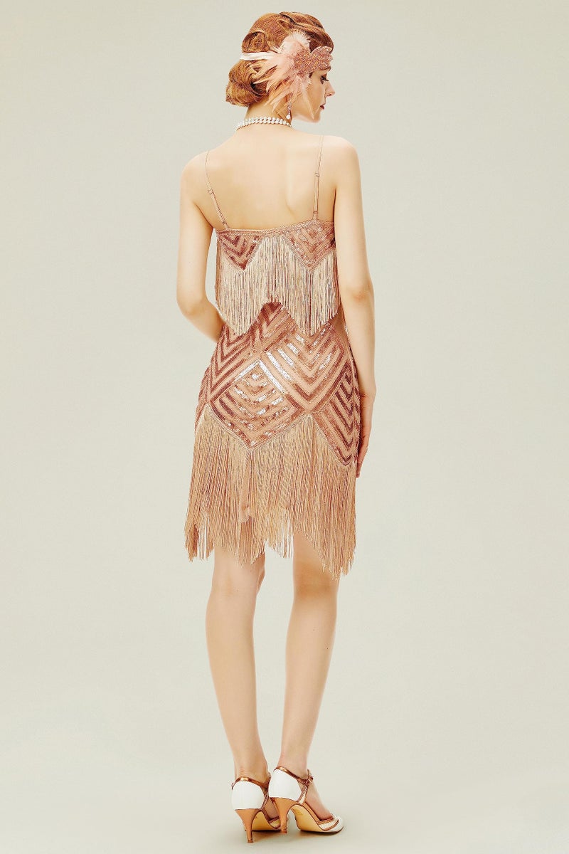 BABEYOND Women's 1920s Flapper Dress V Neck Slip Dress Roaring 20s Great Gatsby Dress for Party (Rose Gold, XS) - Image 2