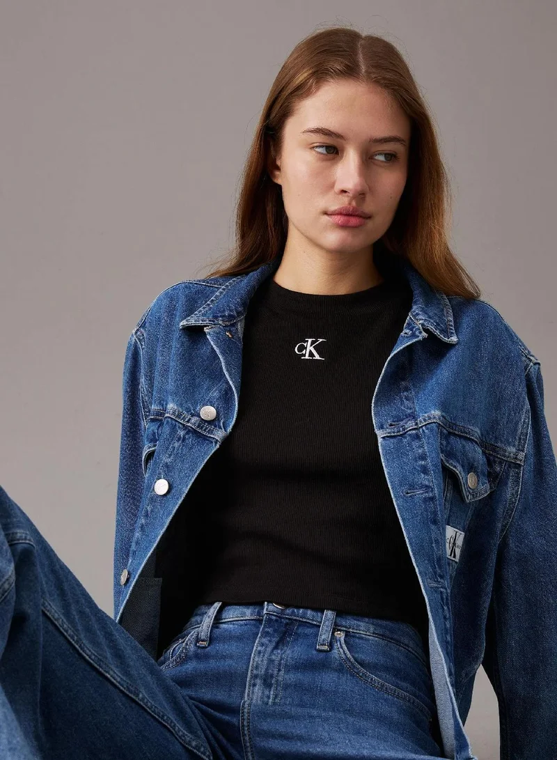 Calvin Klein Ck Black Slim Cropped Ribbed T-Shirt for Women | Best Price UAE