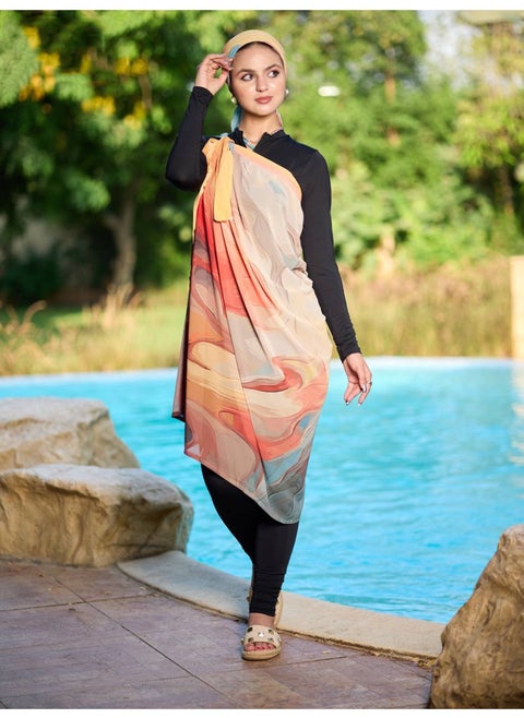Multicolor Chiffon Swimwear Cover-Up with Matching Short Square Scarf