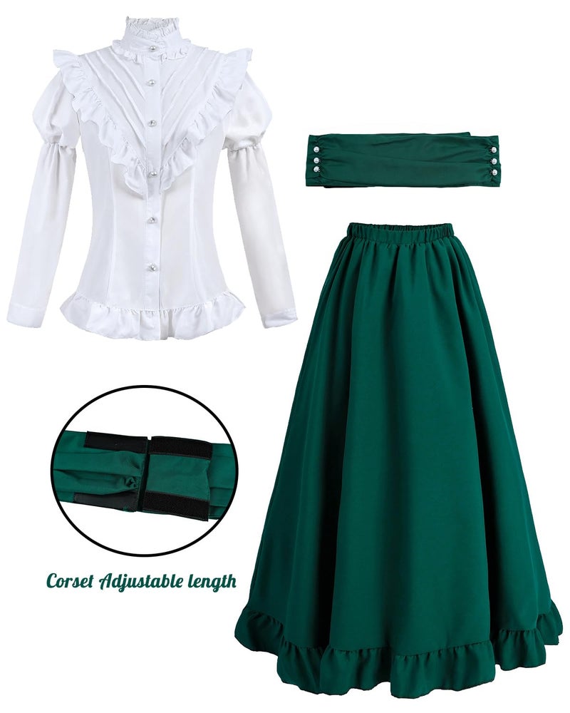 FCCAM FCCAM FCCAM Victorian Dress for Women 2-Pieces 1800s Edwardian Dress Ball Gown Renaissance Costume Green XL - Image 3