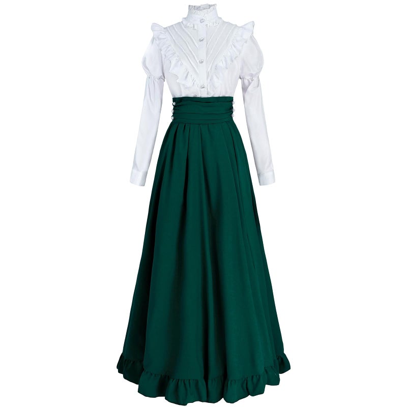 FCCAM FCCAM FCCAM Victorian Dress for Women 2-Pieces 1800s Edwardian Dress Ball Gown Renaissance Costume Green XL - Image 4
