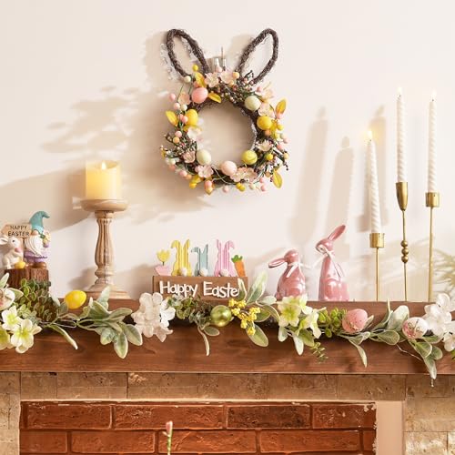 Valery Madelyn 16 Easter Bunny Wreath for Front Door with Light Prelit Spring Rabbit Wreath Decoration with Pastel Speckled Eggs Berries Artificial Farmhouse Wall Decor for Holiday Home Indoor - Image 3