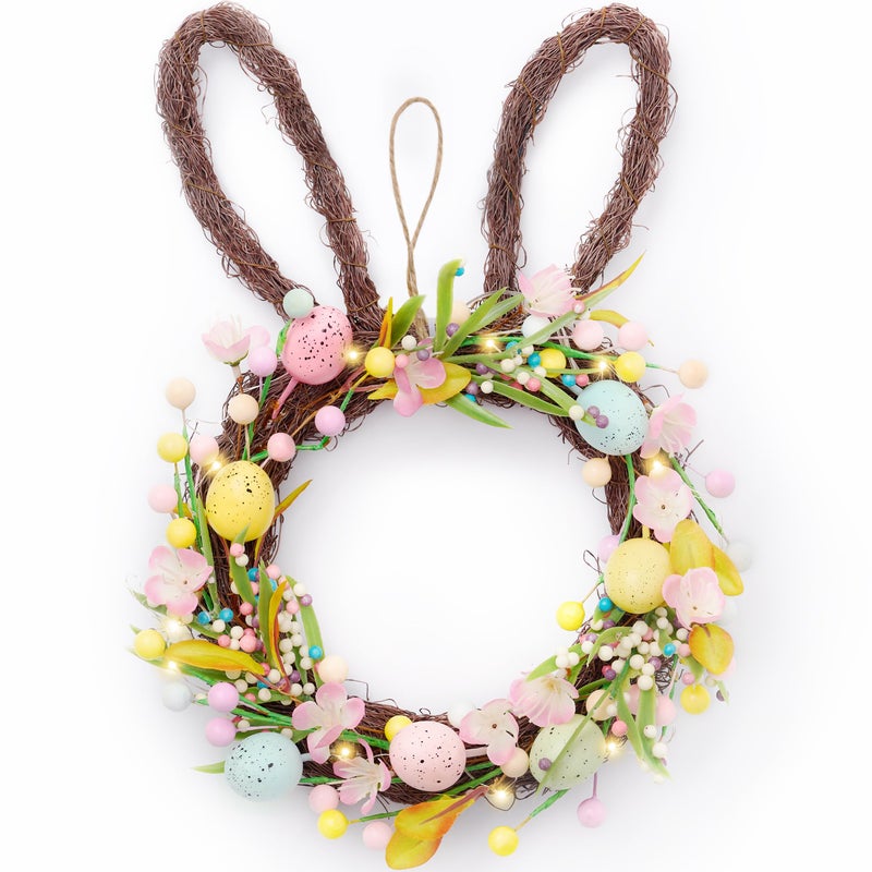 Valery Madelyn 16 Easter Bunny Wreath for Front Door with Light Prelit Spring Rabbit Wreath Decoration with Pastel Speckled Eggs Berries Artificial Farmhouse Wall Decor for Holiday Home Indoor - Image 2