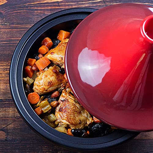 KooK Moroccan Tagine, Enameled Cast Iron Cooking Pot, Tajine with Ceramic Cone-Shaped Closed Lid, 3.3 QT, (Crimson) - Image 4