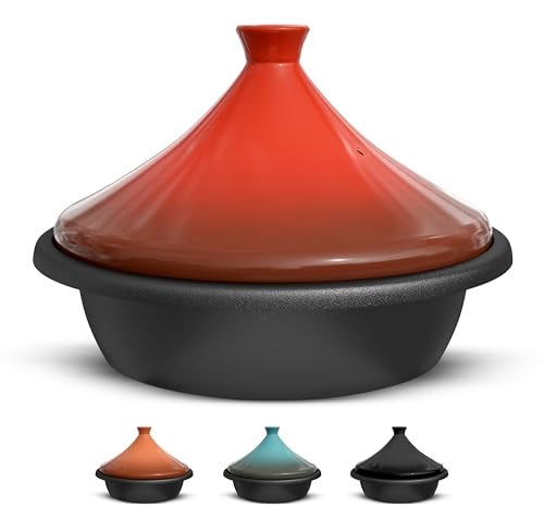 KooK Moroccan Tagine, Enameled Cast Iron Cooking Pot, Tajine with Ceramic Cone-Shaped Closed Lid, 3.3 QT, (Crimson) - Image 1