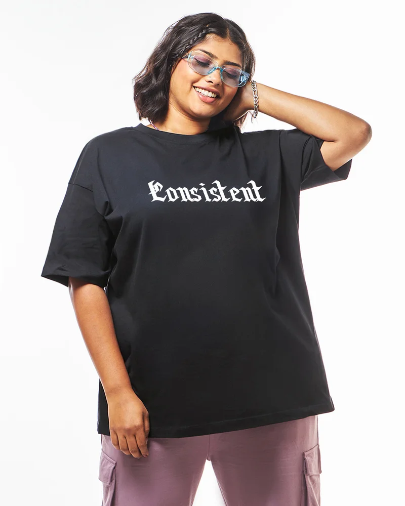 bewakoof Women's Black Consistent Graphic Printed Oversized Plus Size T-shirt