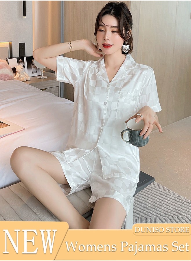 DUNISO Women's Soft Pajamas Set Silky Sleepwear 2 Piece Short sleeve Summer Pajama Set Sleepwear Night-wear Loungewear Button-Down Pajama Sets for Women's Pyjama Party Bridal Wedding  - Image 1