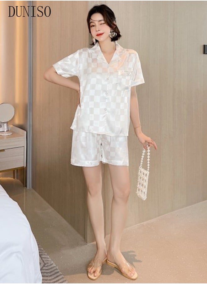 DUNISO Women's Soft Pajamas Set Silky Sleepwear 2 Piece Short sleeve Summer Pajama Set Sleepwear Night-wear Loungewear Button-Down Pajama Sets for Women's Pyjama Party Bridal Wedding  - Image 3