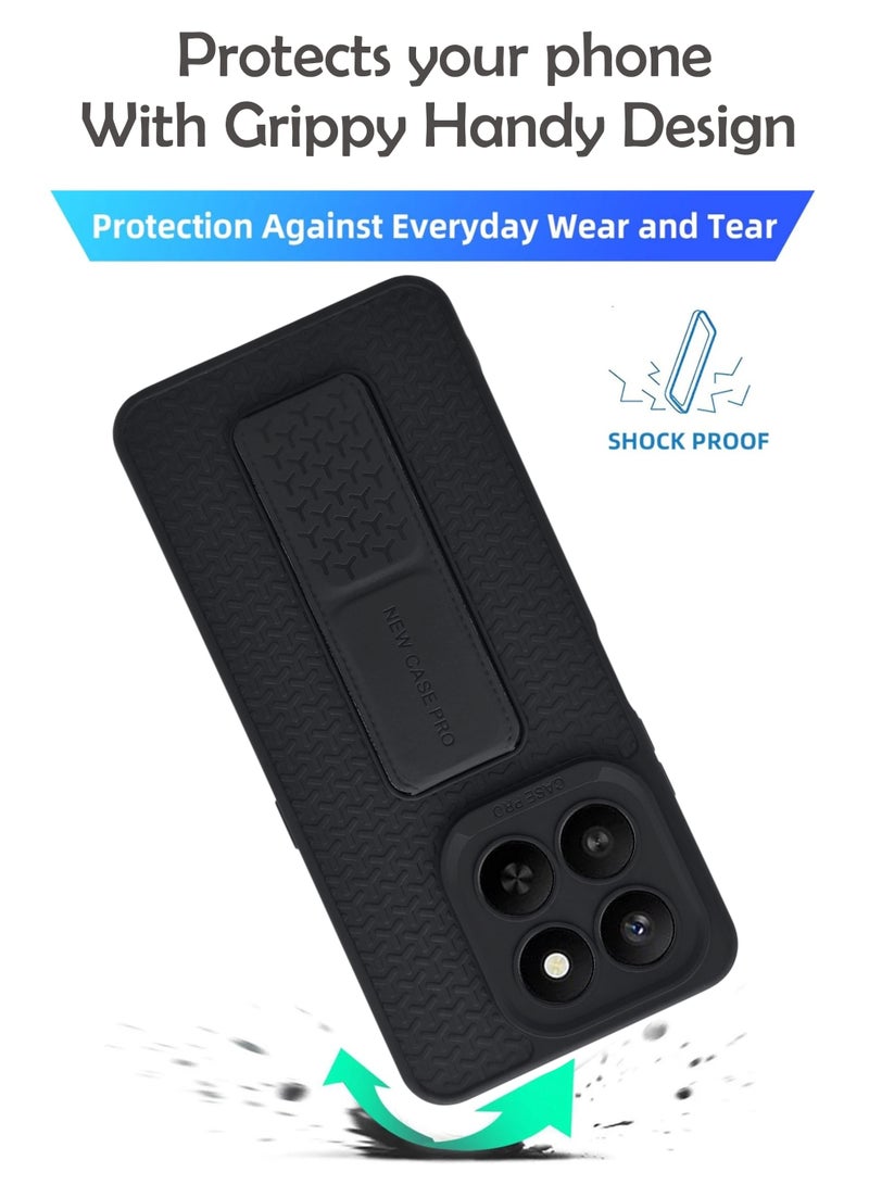 Honor X7d - Black Semi Soft Self Designed Magnetic Back Stand Case  With Foldable Kickstand & Finger Strap - Image 3