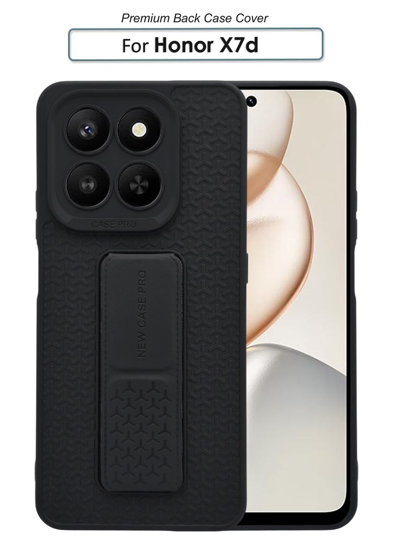 Honor X7d - Black Semi Soft Self Designed Magnetic Back Stand Case  With Foldable Kickstand & Finger Strap - Image 1