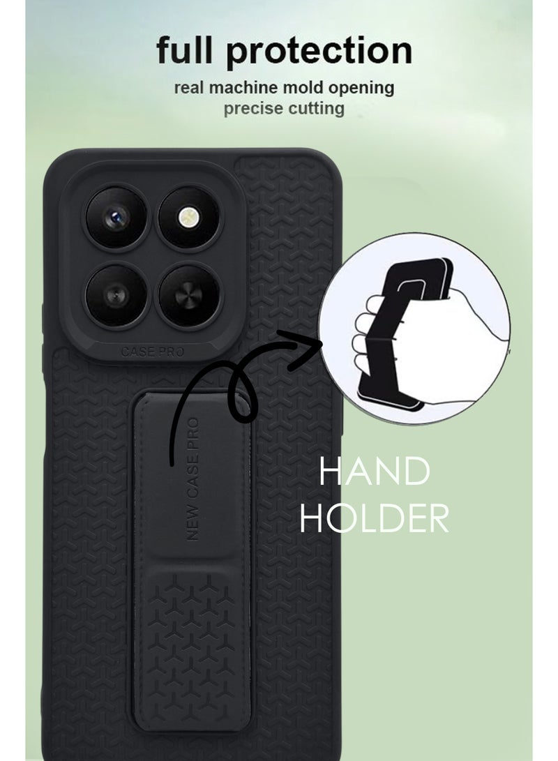 Honor X7d - Black Semi Soft Self Designed Magnetic Back Stand Case  With Foldable Kickstand & Finger Strap - Image 4
