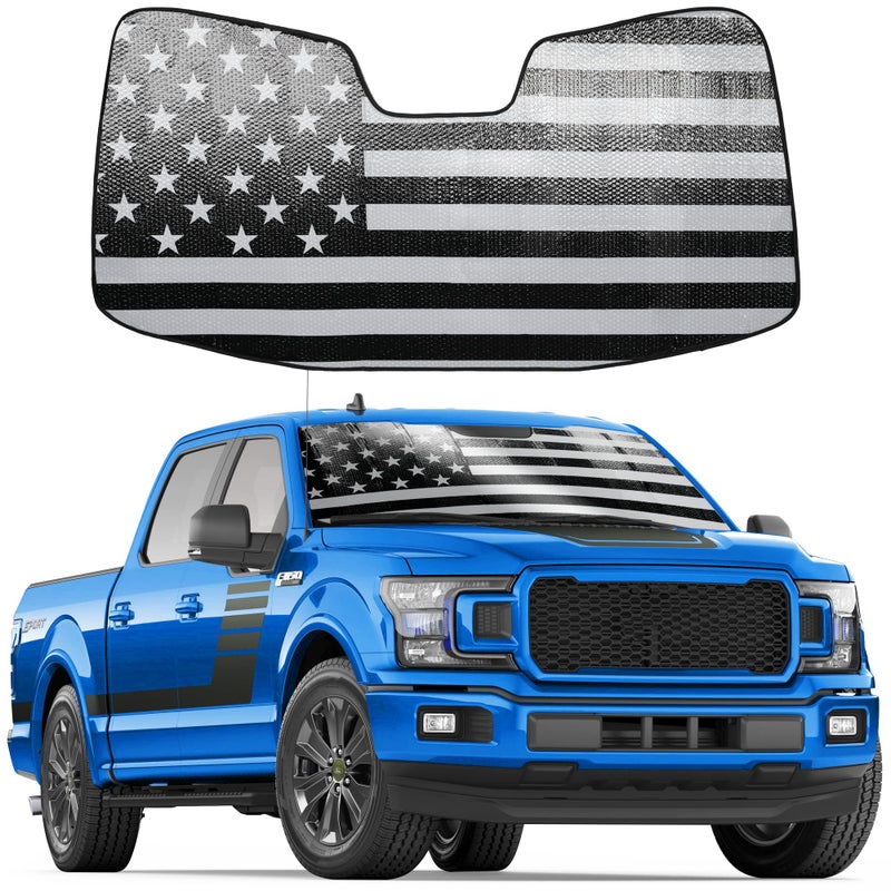 Litivy Windshield Sun Shade American Flag Compatible with 2015-2020 Ford F-150, 2017-2020 Ford F-250/F-350 27"*58" Folding Front Window Sun Shade for Car - Image 1