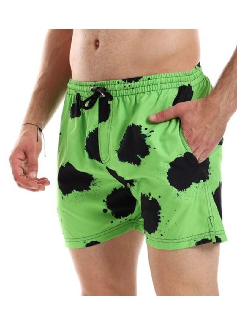 Pavone - Black & Lime Green Self Patterned Swim Short with Sided & Back Pockets-Multicolor - Image 1