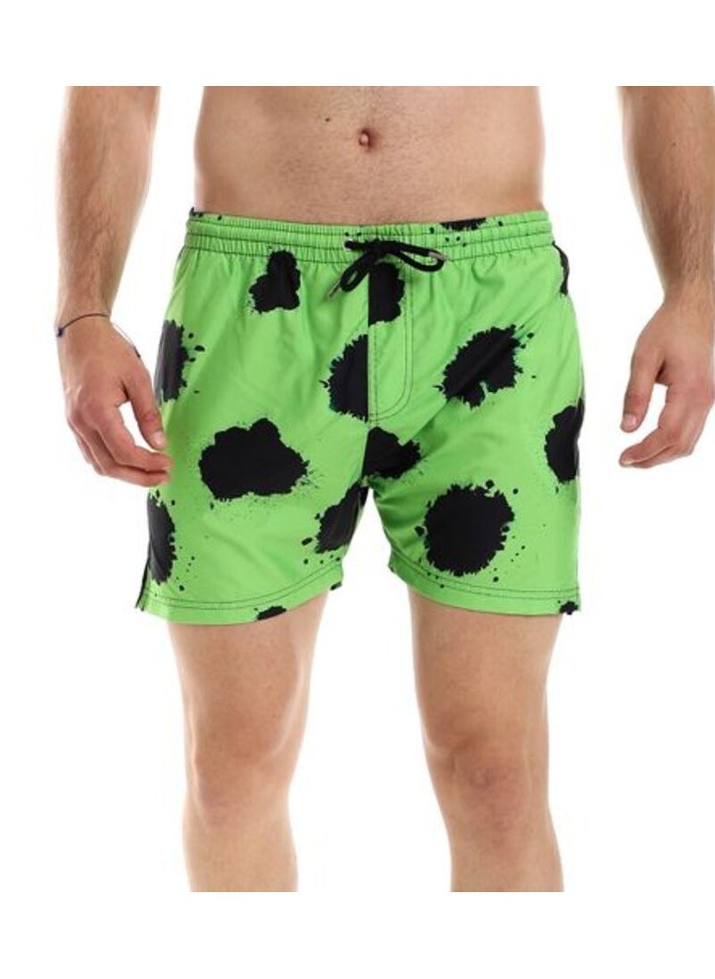 Pavone - Black & Lime Green Self Patterned Swim Short with Sided & Back Pockets-Multicolor - Image 1