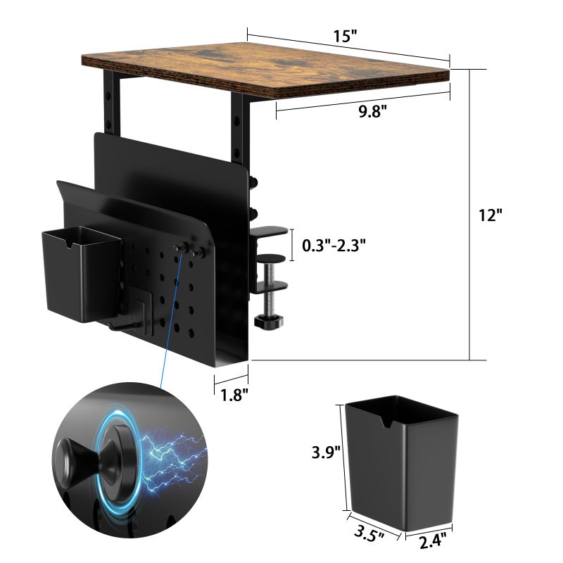 AUATRONNE Desk Extender, Clamp On Desk Shelf Organizer, with Side Storage Steel Frame & 15 inch Wood Desktop Supplies Rack Clamp Mount Table Hanging Storage for Home Office Fits Flat Edge Tables 0.3" to 2.3" - Image 2