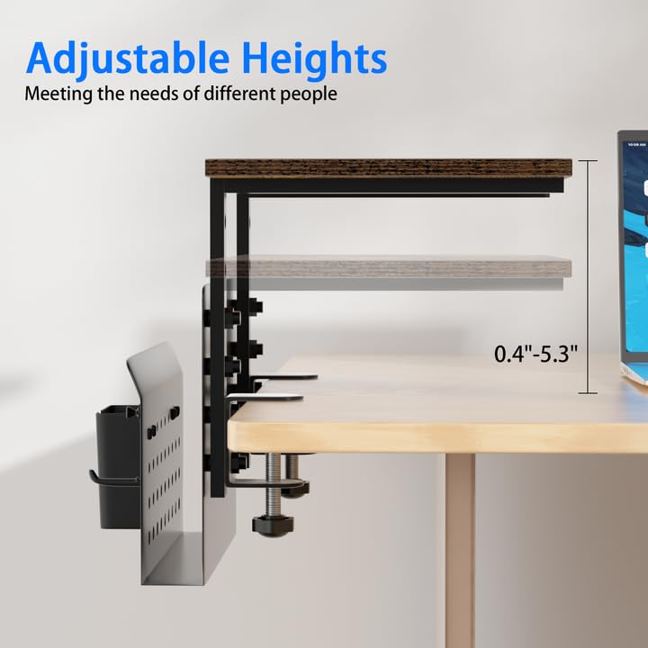 AUATRONNE Desk Extender, Clamp On Desk Shelf Organizer, with Side Storage Steel Frame & 15 inch Wood Desktop Supplies Rack Clamp Mount Table Hanging Storage for Home Office Fits Flat Edge Tables 0.3" to 2.3" - Image 5