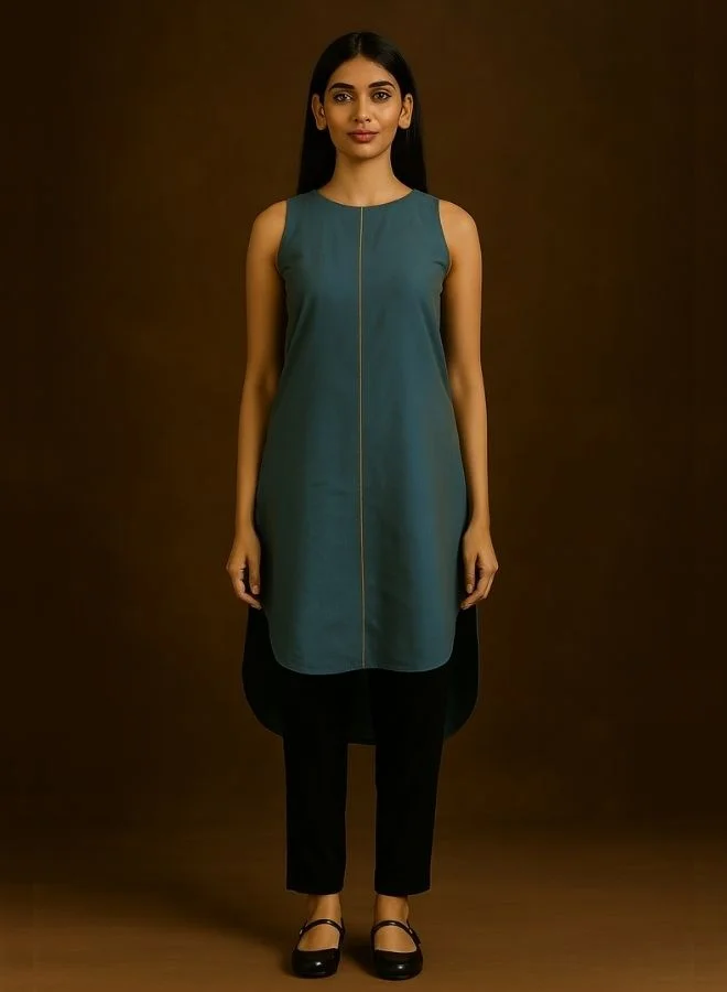 Abhishti Peacock Blue High-low halter neck Kurta with contrast piping