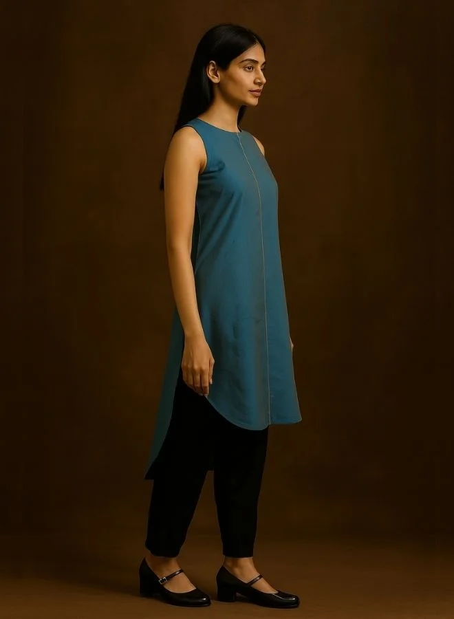 Abhishti Peacock Blue High-low halter neck Kurta with contrast piping