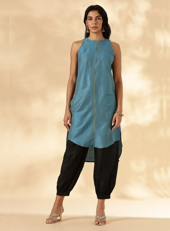 Abhishti Peacock Blue High-low halter neck Kurta with contrast piping