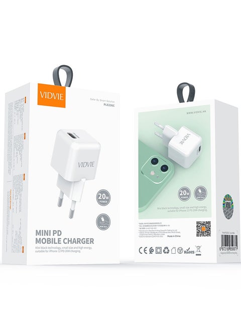 VIDVIE Mini PD Wall Charger 20W Type-C Port, Suitable For iPhone 16/15/14/13/12