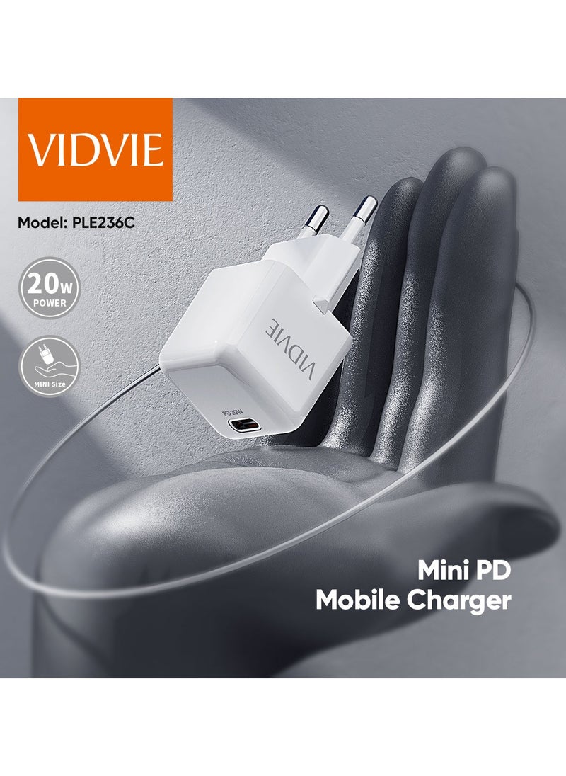 VIDVIE Mini PD Wall Charger 20W Type-C Port, Suitable For iPhone 16/15/14/13/12