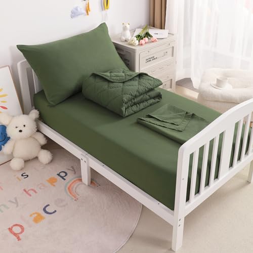 NTBAY Toddler Bedding Set 4 Piece Soft and Breathable Crib Bedding Set for Boys and Girls Includes Quilted Comforter Fitted Sheet Flat Top Sheet and Envelope Pillowcase Olive Green - Image 1