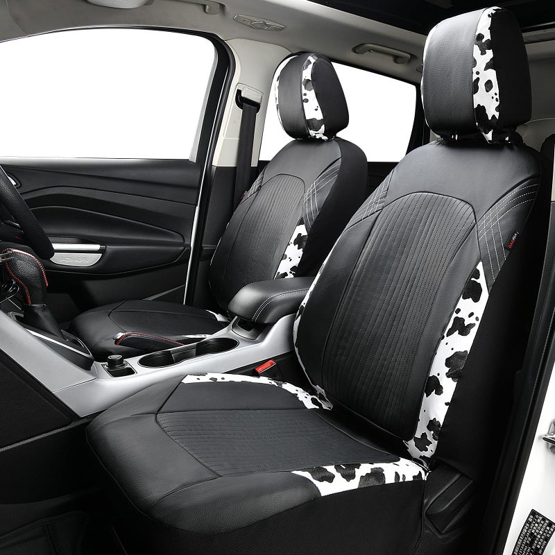 Flying Banner Synthetic Leather car seat Covers Full Set Front and Rear Bench Fashion Easy Installation Cup Holder Free (Black & Cow Print, Low Bucket - Full Set) - Image 3