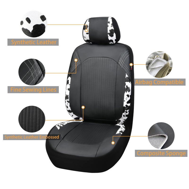 Flying Banner Synthetic Leather car seat Covers Full Set Front and Rear Bench Fashion Easy Installation Cup Holder Free (Black & Cow Print, Low Bucket - Full Set) - Image 2
