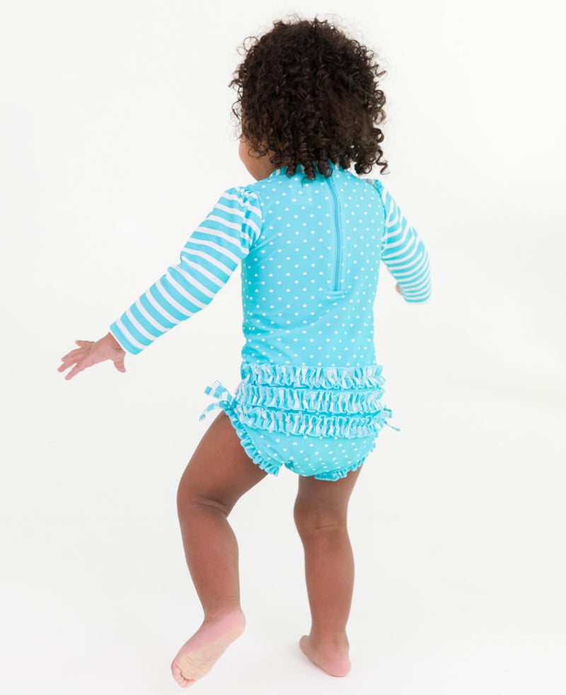 RuffleButts Baby Girls UPF 50+ Sun Protection Polka Dot Long Sleeve One Piece Rash Guard Swimsuit with Zipper - Bright Aqua Heart Polka, 3T - Image 4
