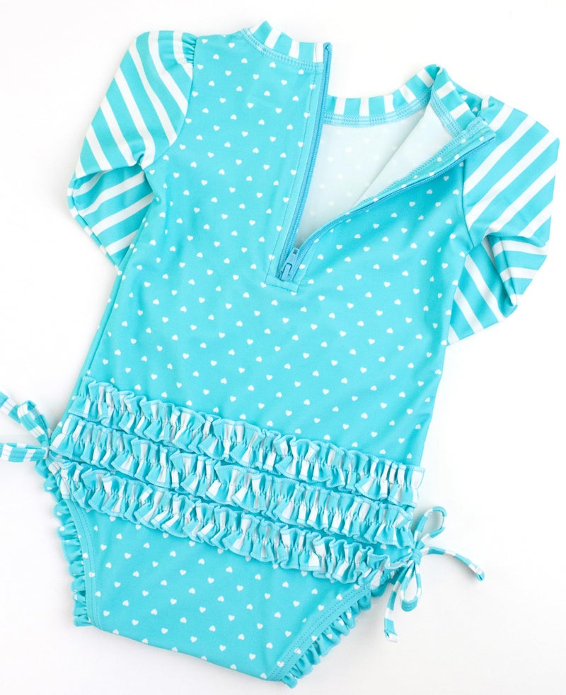 RuffleButts Baby Girls UPF 50+ Sun Protection Polka Dot Long Sleeve One Piece Rash Guard Swimsuit with Zipper - Bright Aqua Heart Polka, 3T - Image 5