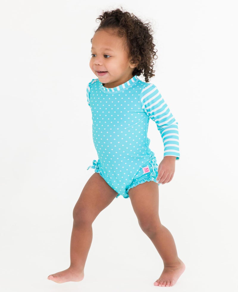 RuffleButts Baby Girls UPF 50+ Sun Protection Polka Dot Long Sleeve One Piece Rash Guard Swimsuit with Zipper - Bright Aqua Heart Polka, 3T - Image 3