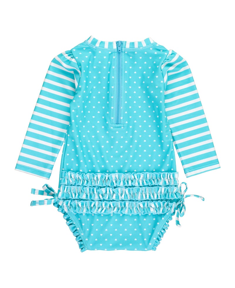 RuffleButts Baby Girls UPF 50+ Sun Protection Polka Dot Long Sleeve One Piece Rash Guard Swimsuit with Zipper - Bright Aqua Heart Polka, 3T - Image 2