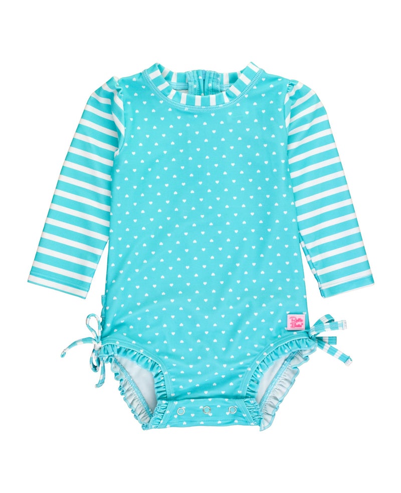 RuffleButts Baby Girls UPF 50+ Sun Protection Polka Dot Long Sleeve One Piece Rash Guard Swimsuit with Zipper - Bright Aqua Heart Polka, 3T - Image 1