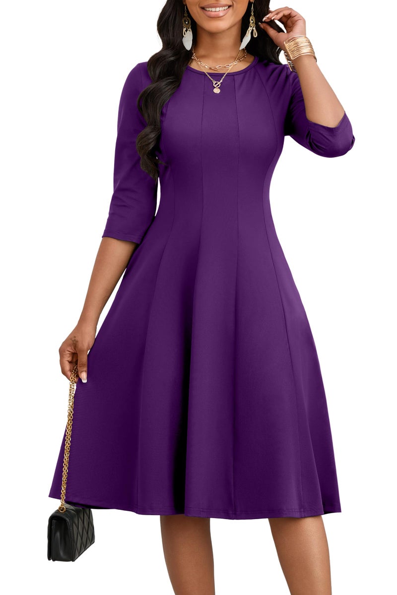 CLOCOR Casual Midi Dresses for Women A-Line Fit and Flare Elegant Evening Cocktail Church 3/4 Sleeve Dress with Pocket Purple - Image 1