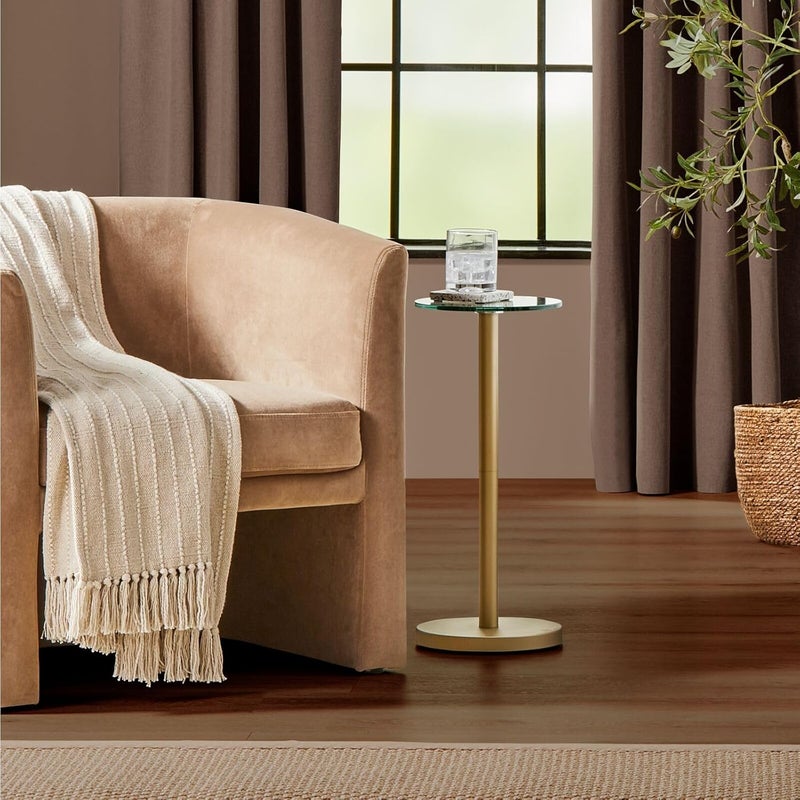 mDesign Glass Top Side/End Drink Table - Small Modern Round Accent Metal Nightstand Furniture for Living Room, Dorm, Home Office, and Bedroom - 9" Round - Clear/Soft Brass - Image 1