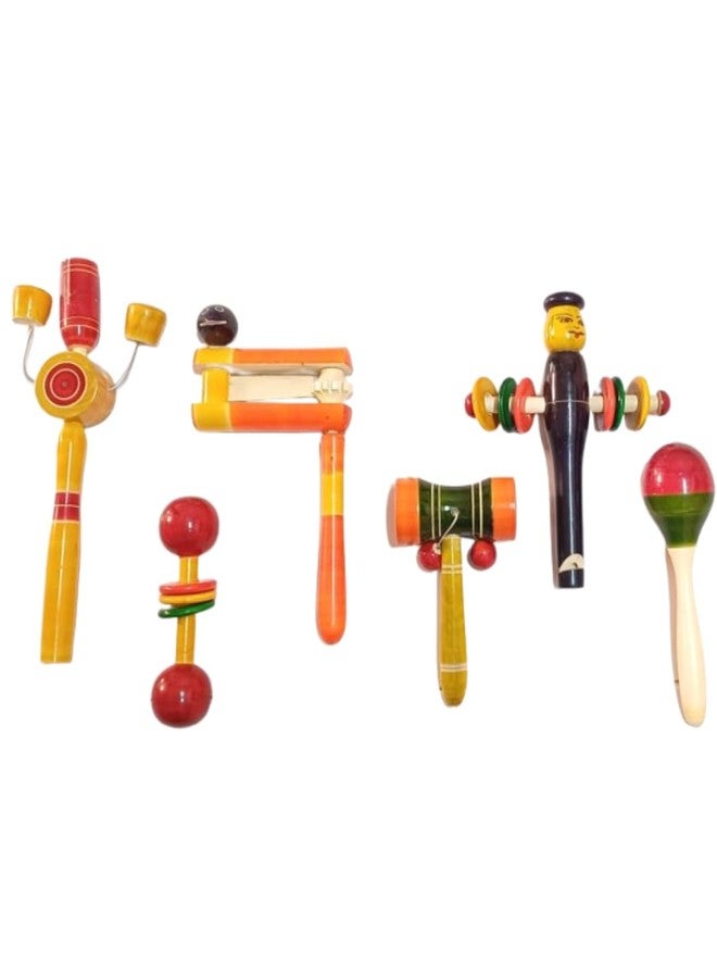 Funwood Games Wooden Rattles Toys for Infants and Babies, Multi Color, Set of 6, Develops Sensory Skills - Image 1