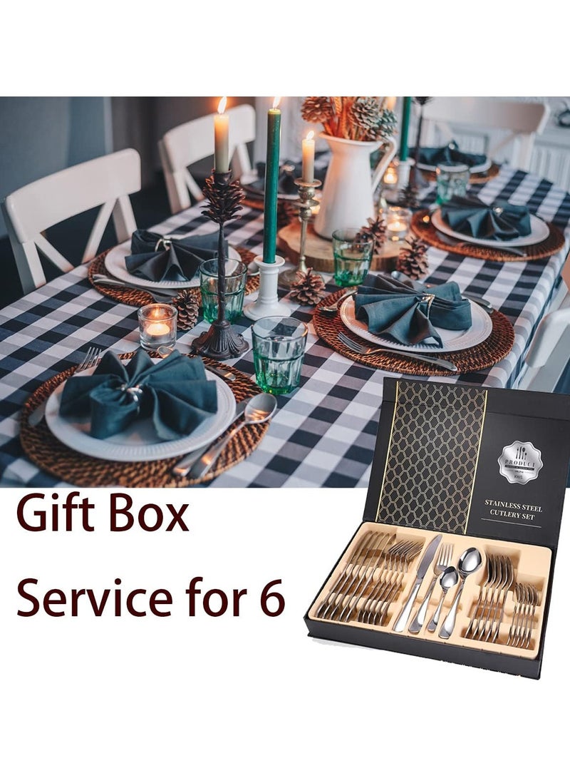 مجموعة أدوات مائدة فضية مكونة من 24 قطعة، خدمة أواني من الفولاذ المقاوم للصدأ لـ 6 أشخاص، تتضمن ملعقة شوكة سكين، مرآة مصقولة وآمنة للاستخدام في غسالة الأطباق - Image 5